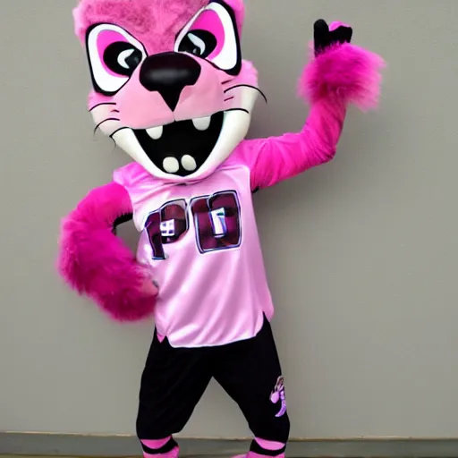 Image similar to sports team mascot, pink panther mascot costume, seals, the pink panthers, football mascot, anthropomorphic pink panther or cougar HD official photo, high quality costume, detailed fur, detailed material, NFL