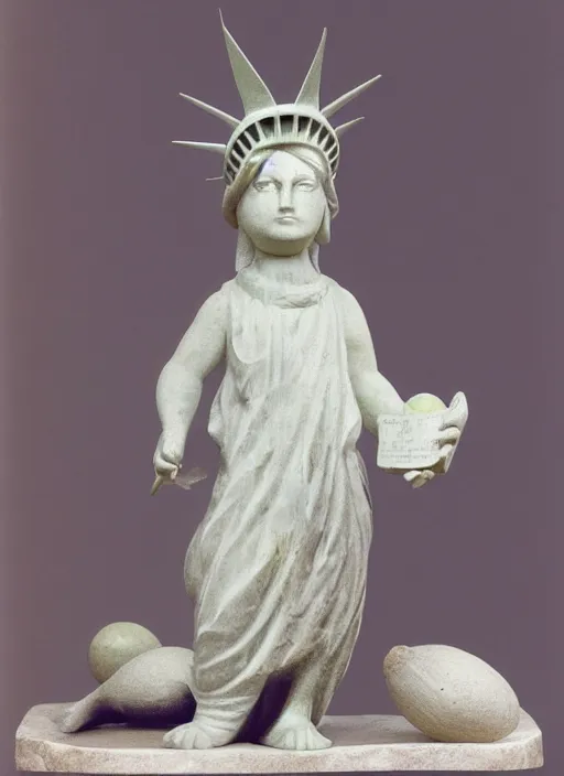 Prompt: A marble statue of squirrel standing in a pose of Statue of Liberty, holding an acorn, museum photo