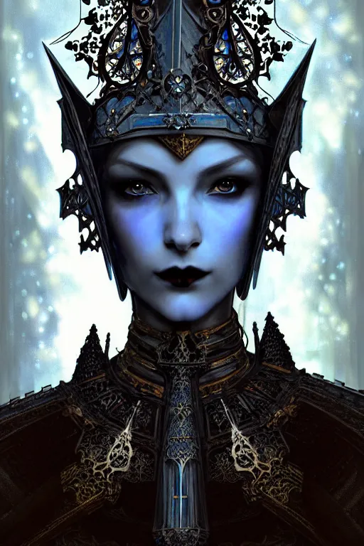 Prompt: beautiful luxury and gothic and victorian and evil medieval female blue armor knight portrait+smoky eyes+light flowing hair, in ruin gothic cathedral, ultradetail face, art and illustration by tian zi and craig mullins and WLOP and alphonse mucha, fantasy, intricate complexity, human structure, fantasy world concept, watermark, blurry, hyperrealism 8k