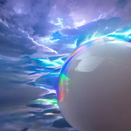 Image similar to ultra realist octane render of a storm globe volumetric clouds tempest inside, reflection and refraction, symmetry accurate features, very intricate details, rainbow lighting, artstation