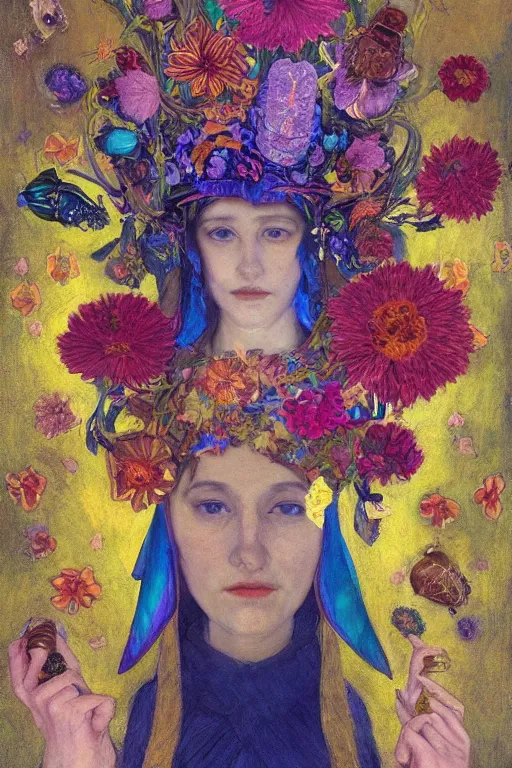 Image similar to queen of flowers, by Annie Swynnerton, and Tino Rodriguez and Nicholas Roerich, elaborate headdress and embroidered velvet, iridescent beetles, rich color, dramatic cinematic lighting, extremely detailed, featured on artstation