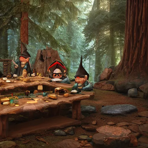 Image similar to a alchemist gnome buffing his gnome allies in a redwood forest, unreal engine, octane render, realistic, matte painting, masterpiece