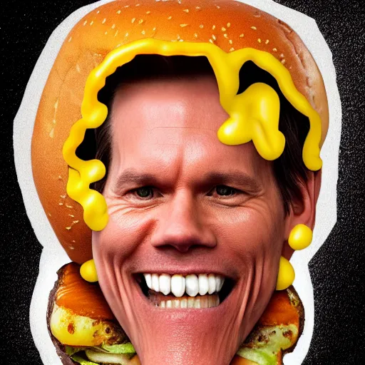 Image similar to kevin bacon face wrapped inside a cheeseburger