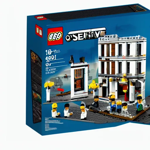 Prompt: Box art for a LEGO set of a murder investigation scene