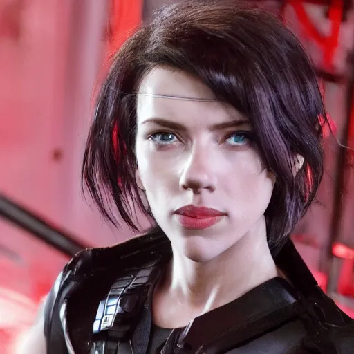 Image similar to a beautiful medium - shot still of scarlett johansson as the major motoko kusanagi from ghost in the shell, cyberpunk style, looking off into the distance, motoko kusanagi hair style, black hairs, ultra realistic, soft, blue hour, soft neons light from night city falling on her face. focus on her eyes and brows. by annie leibowitz