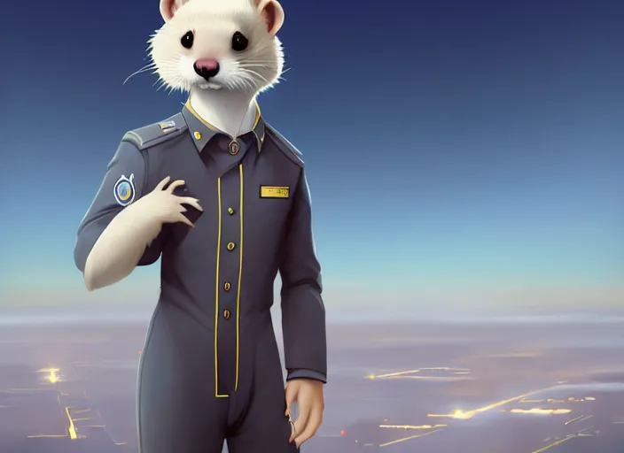 Image similar to character portrait feature of the anthro male anthropomorphic ferret fursona wearing airline pilot outfit uniform professional pilot character design stylized by charlie bowater, ross tran, artgerm, and makoto shinkai, detailed, soft lighting, rendered in octane, airport in background