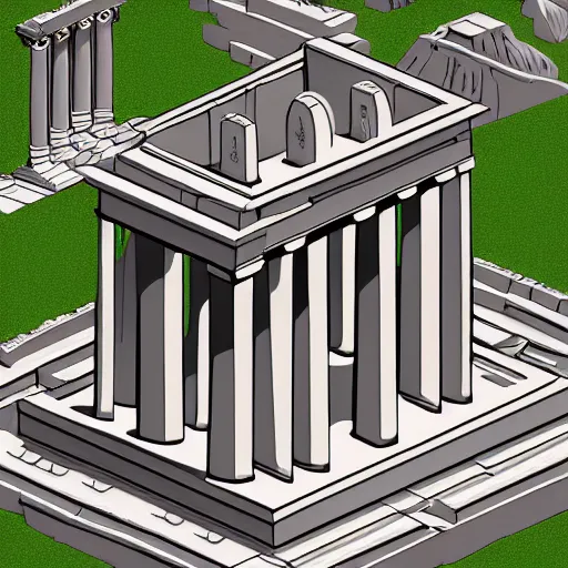 Image similar to Isometric Greek Temple the graphic style of Matt Sanz, hyper detailed, trending on artstation, glow