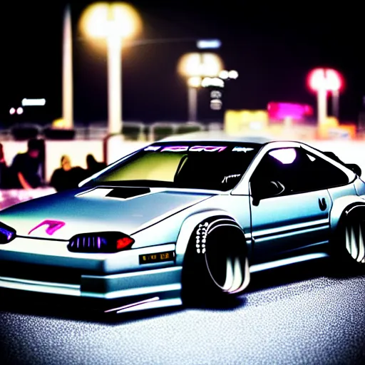 Image similar to a car 300ZX twin turbo drift at illegal car meet, Shibuya prefecture, city midnight mist lights, cinematic lighting, photorealistic, highly detailed wheels, high detail