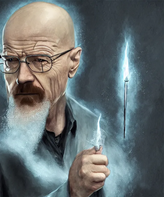 Prompt: Walter White as Dumbledore with meth Patronus Charm fantasy concept art by J.Dickenson