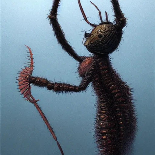 Prompt: A head on painting of an ant queen standing on her hind legs formian pathfinder, digital art, Wayne Barlowe Pierre Pellegrini