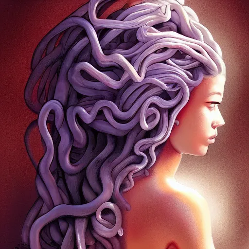 Prompt: medusa looking over shoulder, beautiful girl by Sam Yang