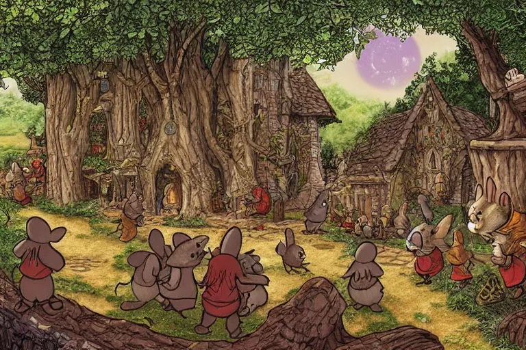 Image similar to an elaborate and dense scene from redwall abbey in mossflower wood with lots of medieval anthropomorphic mice and rabbits and otters, detailed by brian jacques and greg rutowski