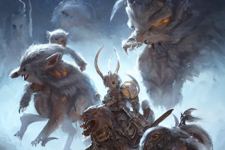 Prompt: dungeons and dragons fantasy painting, phalanx of mice spartans, whimsical and cute, determined expressions, watery eyes, anime inspired, white fur, tufty whiskers, steel blades, dawn lighting, by brain froud jessica rossier and greg rutkowski