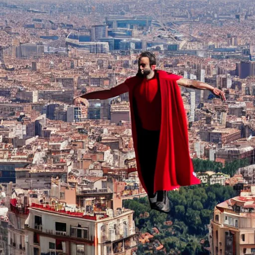 Prompt: santigo abascal flying over barcelona wearing a red cape