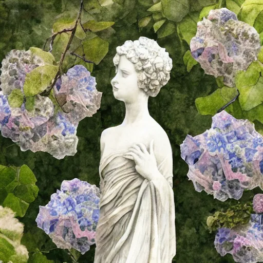 Prompt: delicate marble statue in a garden, stony, puffy, botanical herbarium paper, botanic, watercolor colored painting, pencil, iridescent colors, 8 k, realistic shaded, fine details, artstation, italian, colonnade, hydrangea, vines, gardena architecture, pompeii