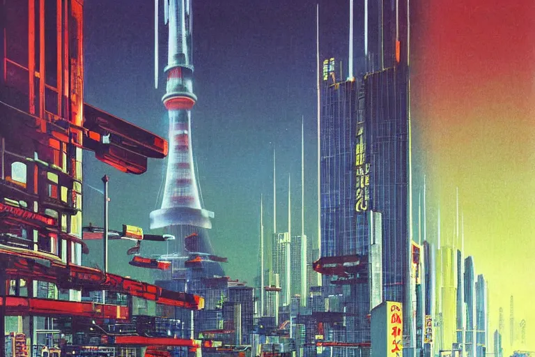 Image similar to 1979 OMNI Magazine Cover of the base of Tokyo tower in neo-Tokyo in cyberpunk style by Vincent Di Fate