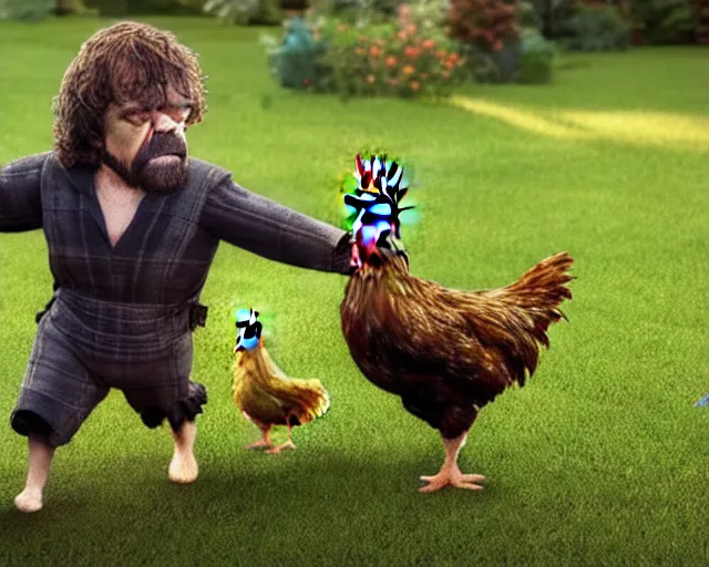 Image similar to ( ( ( peter dinklage riding a chicken ) ) ) ( ( in a green english britanic garden ) ) ( photorealistic, photography, picture, provided by unreal engine, realistic, realism )