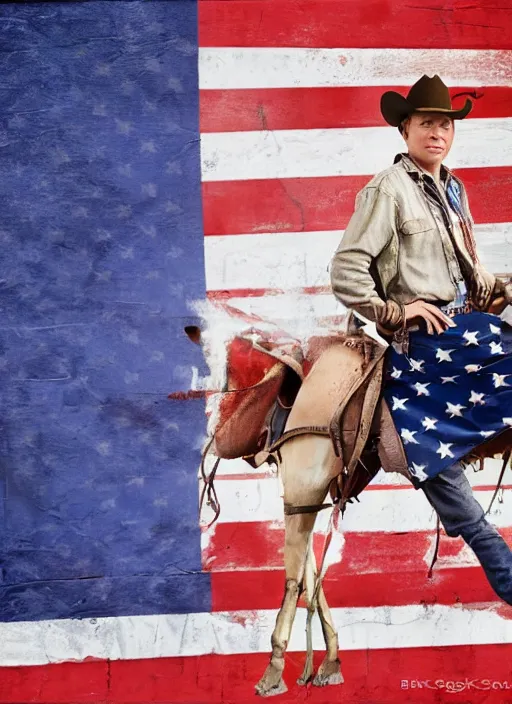 Image similar to election portrait of brock pierce, american flag on background, cowboy style.