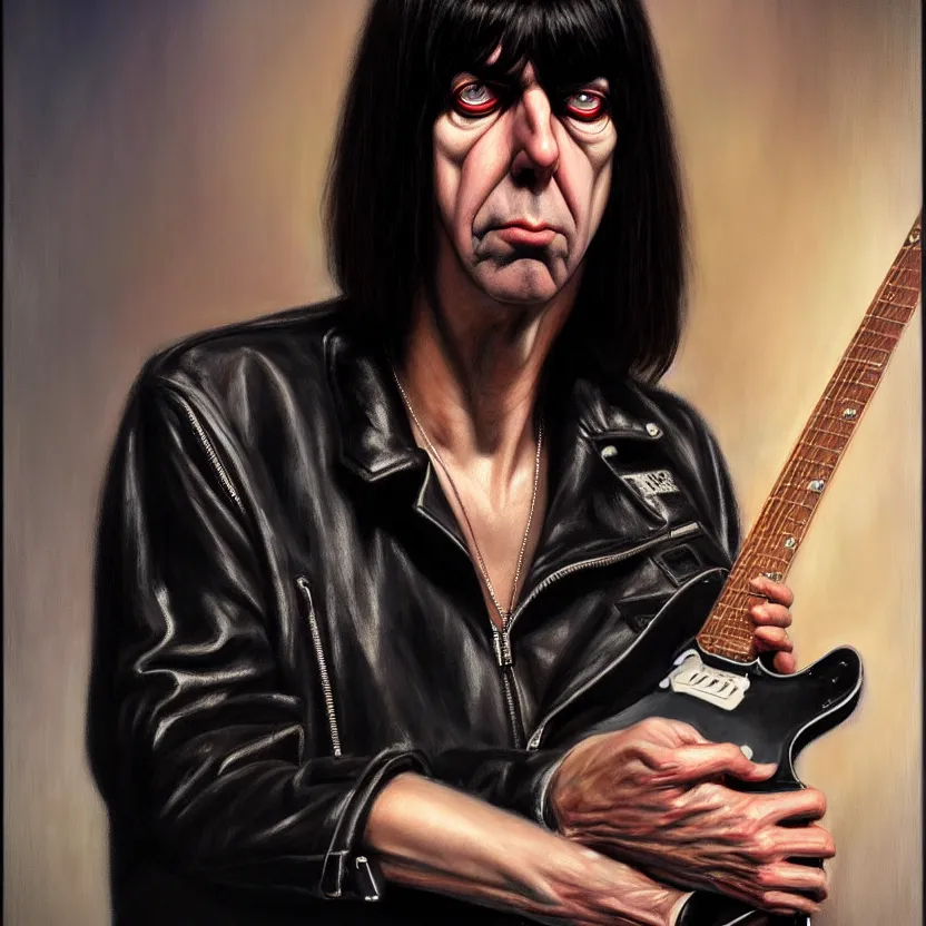 Image similar to portrait of Johnny Ramone, by Casey Baugh, Steve Caldwell, Gottfried Helnwein, and Artgerm, sharp focus, 8k resolution, masterpiece work, digital render.