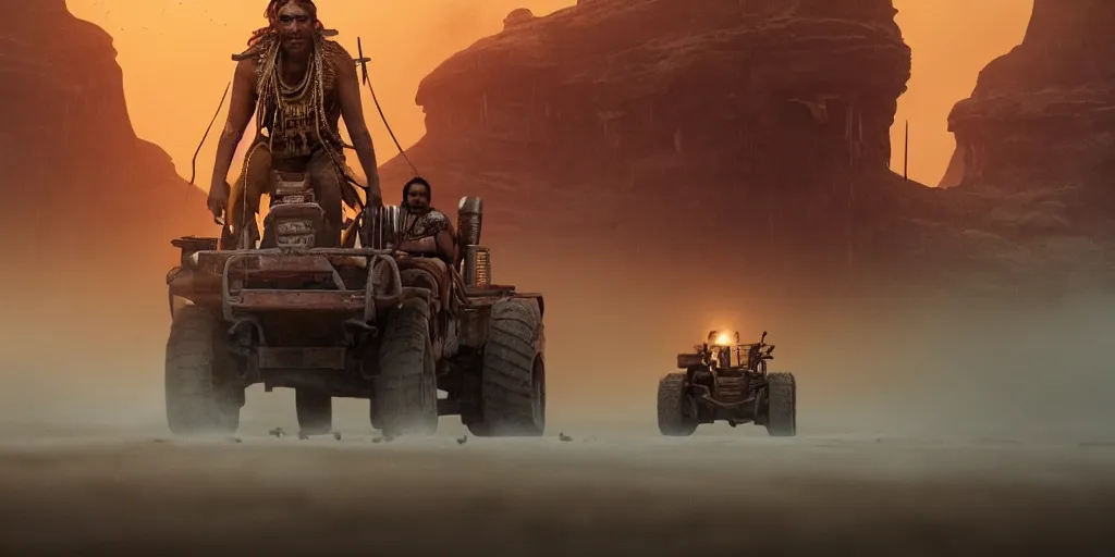 Image similar to solo ancient indian on atv, buffalo chase ,attacking, action scene, an epic fantasy, dramatic lighting, cinematic, establishing shot, extremely high detail, photorealistic, cinematic lighting, artstation, octane render, by simon stalenhag, horizon forbidden west,old photo, high speed photography, vintage, mad max