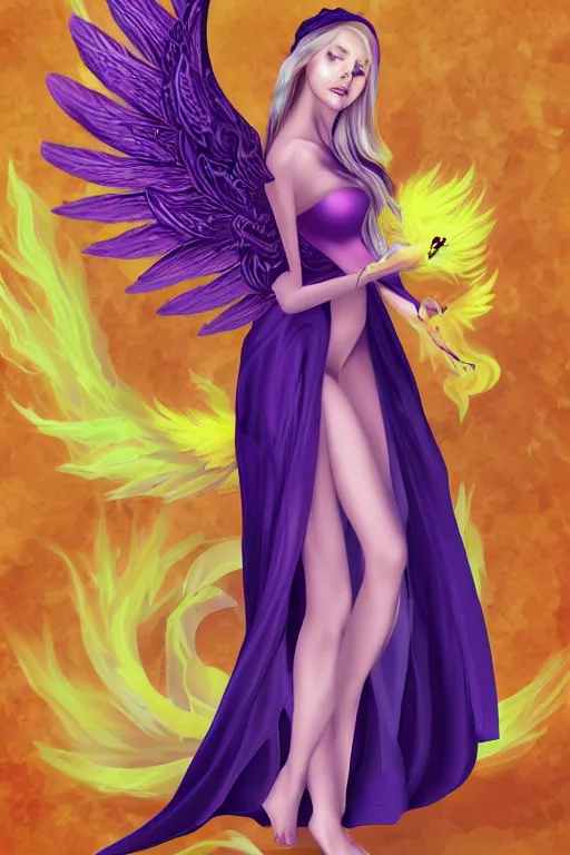 Prompt: Young beautiful woman in purple witch robes with a phoenix on her shoulder, full body shot, digital art