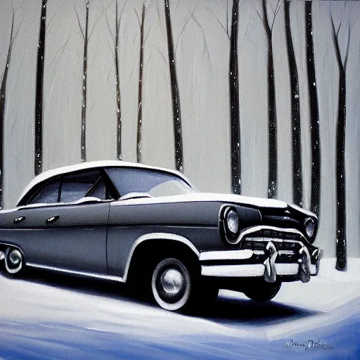 Image similar to rusty ford bel air in winter forest, grey scale, oil painting