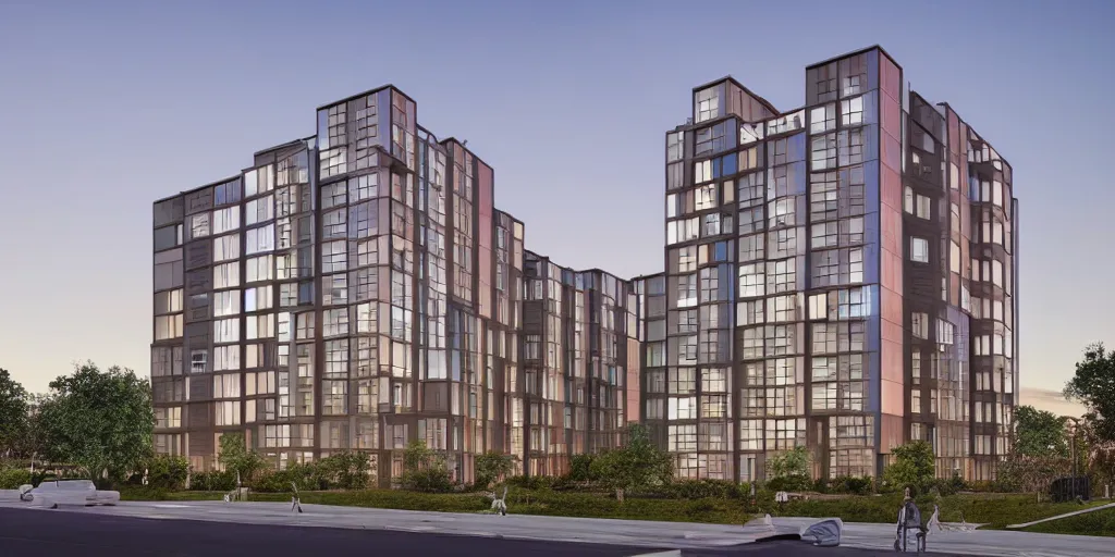 Image similar to contemporary architectural rendering of a multi - family apartment building, three quarter view, full page periodical image, dramatic lighting, night time, lit windows