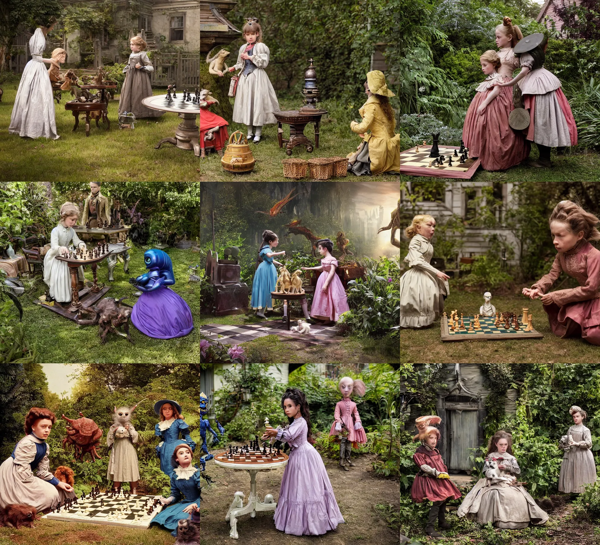 Prompt: sharp, highly detailed, still from a sci fi blockbuster color movie made in 2019, set in 1860, of a girl playing chess with their small pet humanoid alien creature, in the garden of a house on an alien planet, are all wearing 1860s era clothes, cinematic lighting, in focus, 35mm f/1.4L lens