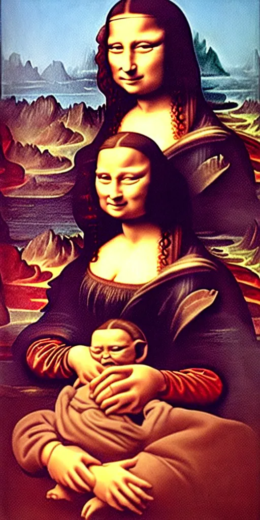 Image similar to the Mona Lisa holding Baby Yoda, painting in the style of the Mona Lisa