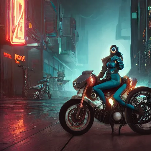 Image similar to ghostpunk woman riding a cyberpunk futuristic motorcycle in the city by eddie mendoza and greg rutkowsi, foggy, dark, moody, volumetric lighting, dirty