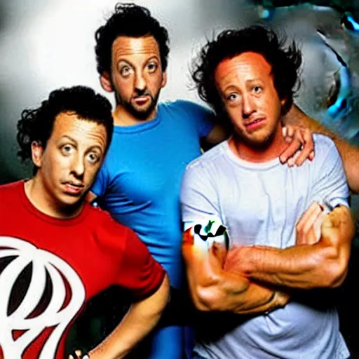 Image similar to Adam Sandler, Rob Schneider, and Paulie Shore, style of DC comics,