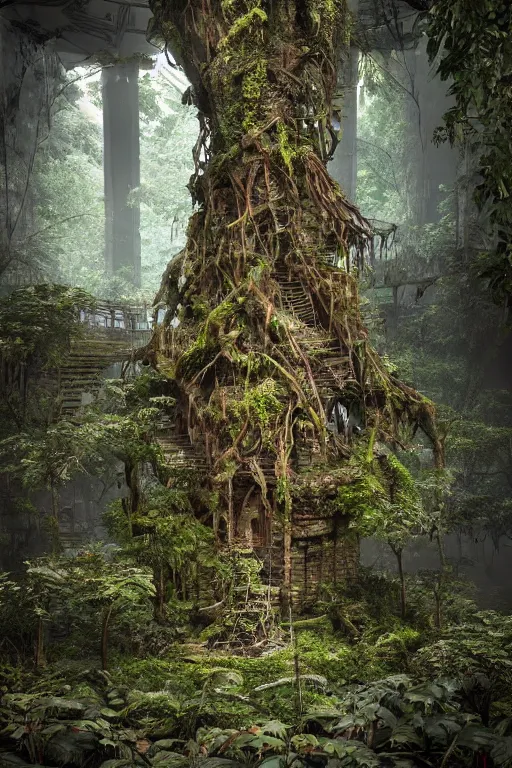 Prompt: a rainforest tree growing inside a decaying old library, highly detailed, intricate detail, magical lighting, dramatic scenery, beautiful 3 d rendering, octane render, trending on artstation