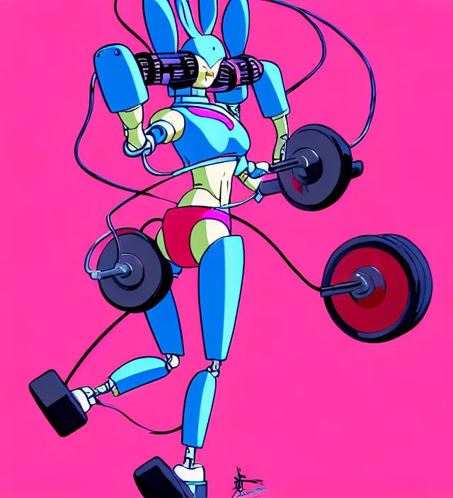 Image similar to retrowave robot rabbit girl in workout clothes, carrying eletro - whip, animation character design by akira toriyama, don bluth, jack kirby, alex toth, hasbro, action - adventure, sharp detail, artstation trending, conceptart. com