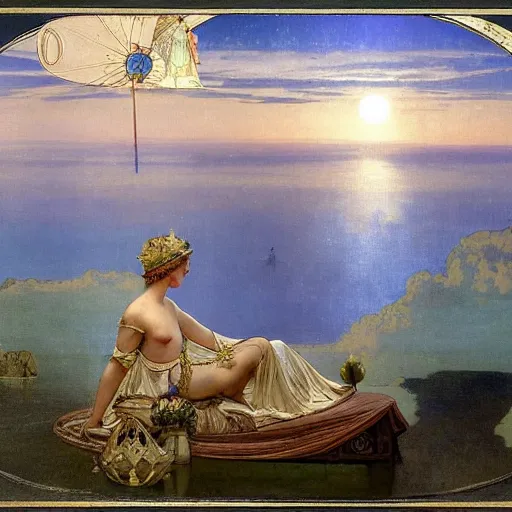 Image similar to The palace on the clouds, moon reflecting on the water, thunderstorm, greek pool, beach and Tropical vegetation on the background major arcana sky, by paul delaroche, alphonse mucha and arnold böcklin, hyperrealistic 8k, award-winning, very very very detailed