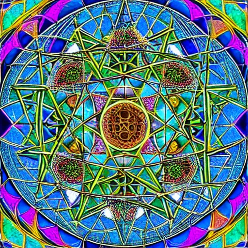 Prompt: sacred geometry unlocking the secrets of the universe and revealing The connection between all things in tangled web of quantum energy, 4k, highly detailed
