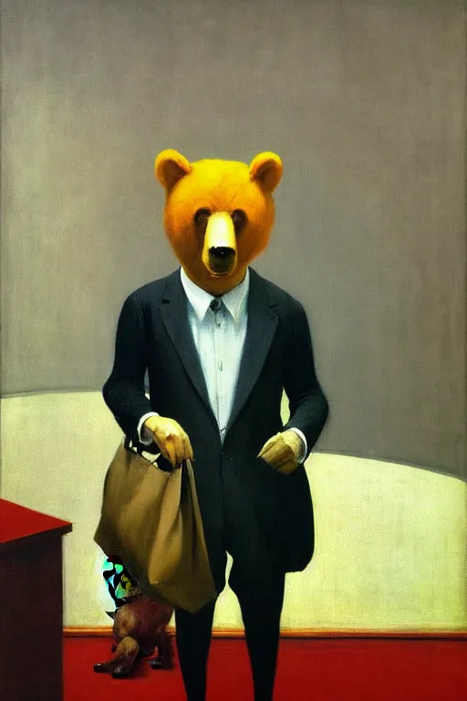 Image similar to man in business costume, a bear in business costume, business negotiations process, hauntingly surreal, highly detailed painting by francis bacon, edward hopper, adrian ghenie, gerhard richter, and james jean soft light 4 k,