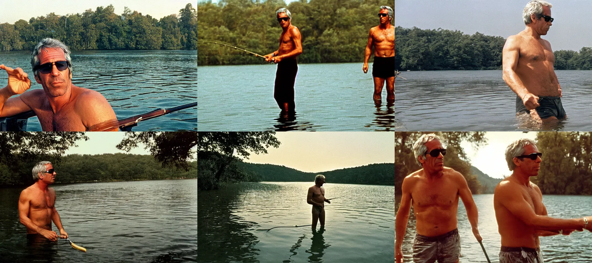 Prompt: Jeffrey Epstein shirtless wearing sunglasses fishing standing in a lake, golden hour, Stalker (1979) by Andreï Tarkovski, cinémascope, epic ultrawide shot