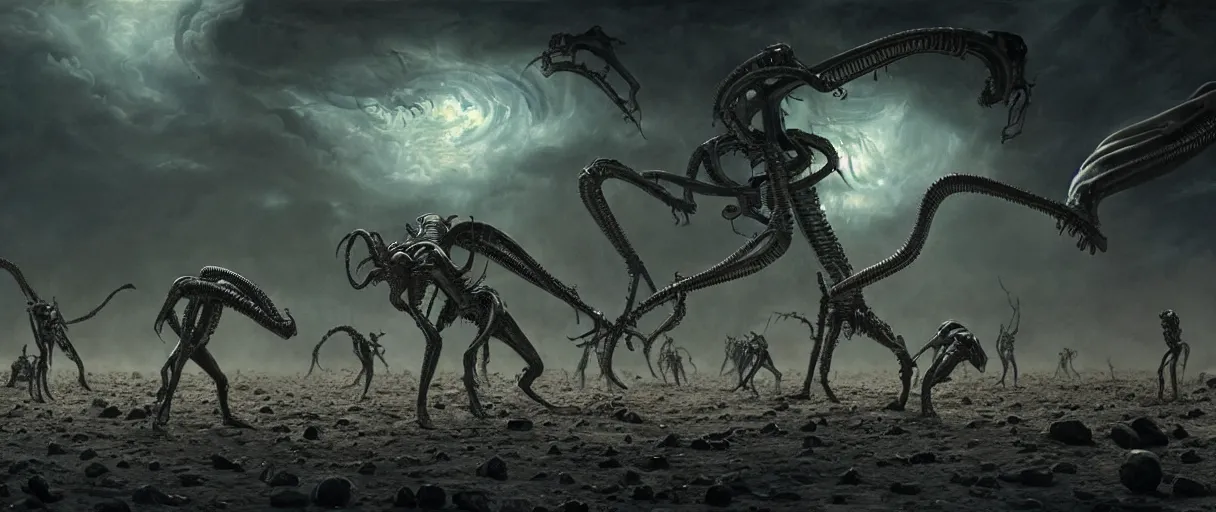 Prompt: Aliens fighting Demons, high detail, 8k, ornate, dark fantasy, realistic, masterpiece, complex, WLOP, film still from the movie directed by Denis Villeneuve with art direction by Pablo Picasso and Greg rutkowski, Alex Gray, wide angle