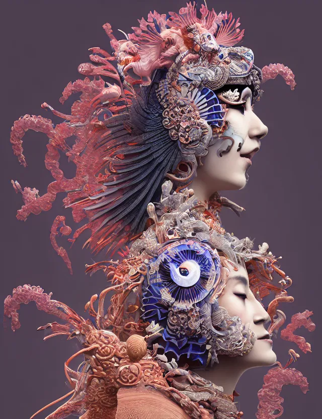 Image similar to 3 d goddess in robe close - up profile portrait with ram skull. beautiful intricately detailed japanese crow kitsune mask and clasical japanese kimono. betta fish, jellyfish phoenix, bio luminescent, plasma, ice, water, wind, creature, artwork by tooth wu and wlop and beeple and greg rutkowski