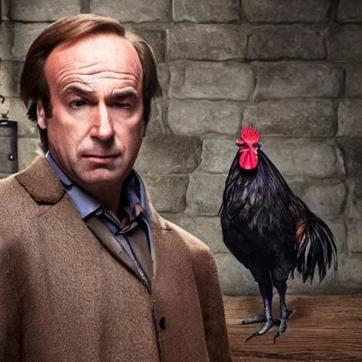 Prompt: saul goodman and a rooster in a medieval torture chamber, saw blades and knives in the background, horror movie, saul goodman!!!, rooster!!!!, real life photo, detailed face!