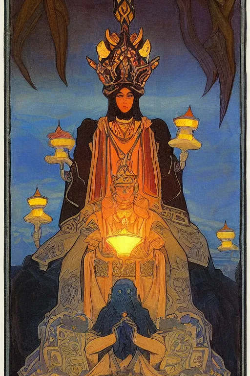 Image similar to child of darkness with their crown and lantern, by Nicholas Roerich and Annie Swynnerton and and Ivan Bilibin, dramatic cinematic lighting , ornate headdress , flowing robes, sacred artifacts, lost civilizations, smooth, sharp focus, extremely detailed
