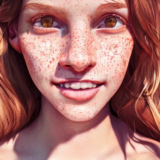 Prompt: portrait of a cute thin young woman, red blush, cute freckles, smug smile, modern clothes, relaxing on the beach, golden hour, close up shot, 8 k, art by irakli nadar, hyperrealism, hyperdetailed, ultra realistic