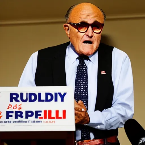 Image similar to Rudy Giuliani giving a press conference in a dump