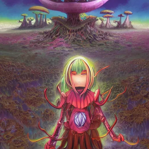 Image similar to anime 4 k headshot portrait of a psychedelic demonic anthropomorphic insect knight with mushroom themed clothes, magic mushroom village in background by jeff easley, award winning, stylized neon, post - processing, masterpiece, superb resolution. in the art style of junji ito and greg rutkowski. detailed mushroom city in background. hyper realistic anime. perfect art. dalle 2