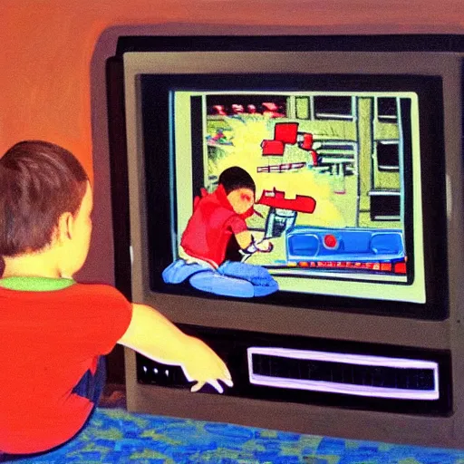 Image similar to a boy playing a video game on a wood panel CRT tv 1985 late at night oil on canvas