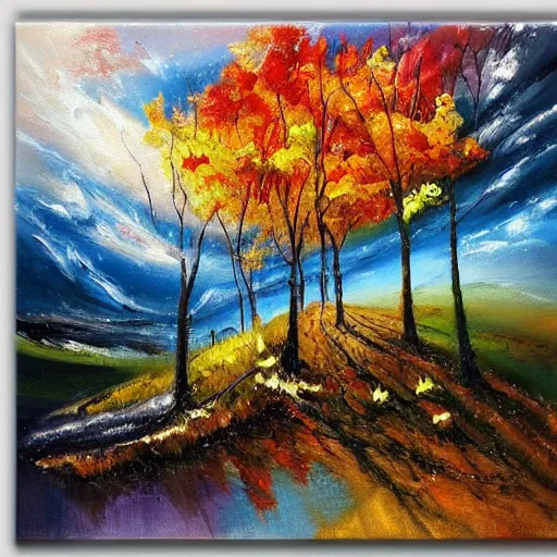 Image similar to painting depicting all four season in one paintng, concept art, artstation, detailed, impressionism, oil on canvas, knife painting, messy,