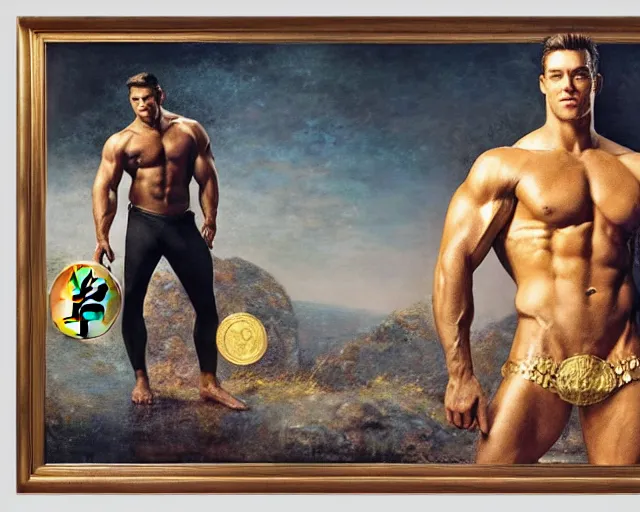 Prompt: attractive muscular bulky man posing in front of a huge golden bitcoin, commercial by annie liebovitz, gaston bussiere, craig mullins, j. c. leyendecker