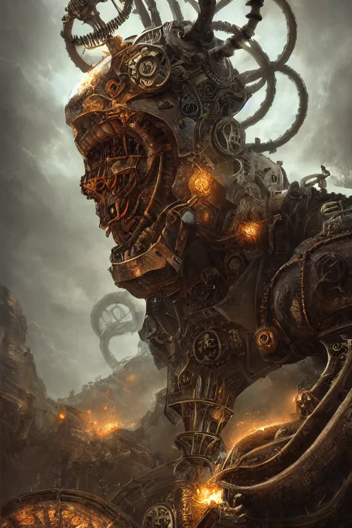 Prompt: Abstract tech close up action scene of a old steampunk warrior facing a gigantic etheral monster, ruins, horror, volumetric clouds, focus, detailed, realistic eyes, symmetric body features proportions, intricate details, award winning, unreal render, by Tom Bagshaw