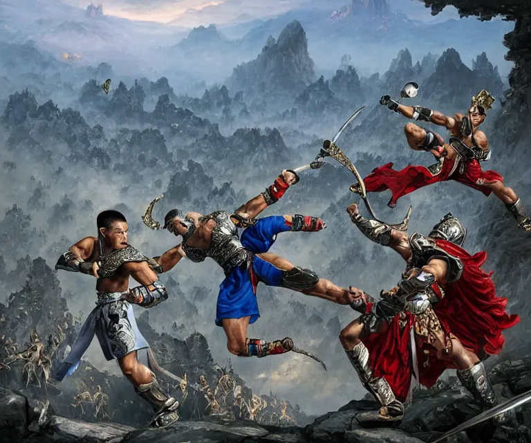 Prompt: wide angle shot from above of silver ornate armor slim muay thai handsome warriors in battle!!! mountains and giant gothic abbeys in the background, fine detail, 8 k, high contrast color scheme, blue at the background red at the foreground!!!, dynamic perspective, painted movie poster by greg rutkowski and peter mohrbacher