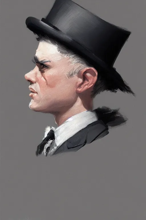 Prompt: a grey hair halfling with no beard top hat and suit by Greg Rutkowski, painting, portrait, HD, high details, trending on artstation